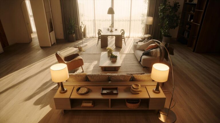 Illustration of [a bright, tidy living room with furniture arranged to improve clear sightlines and traffic flow, featuring a sofa oriented to a window, a rug defining the seating zone with a correctly spaced coffee table, paired lamps for soft symmetry, and unobstructed walkways]