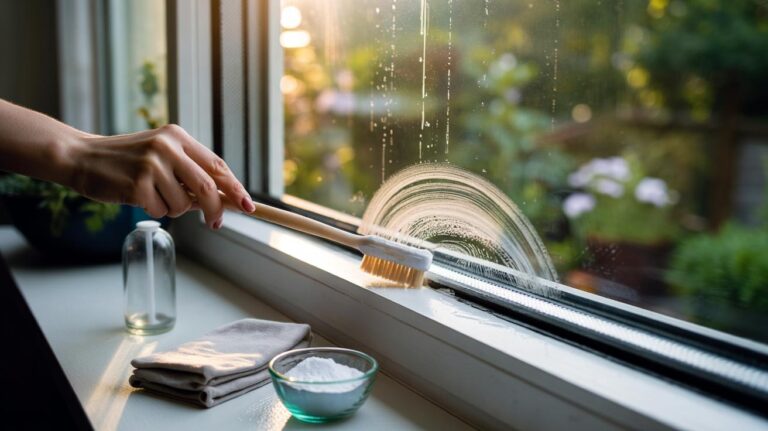 Illustration of cleaning window tracks with a toothbrush and baking soda