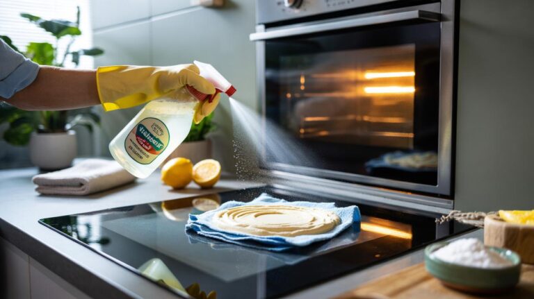Illustration of a person cleaning the oven door glass with bicarbonate of soda paste and a vinegar spray, without harsh chemicals
