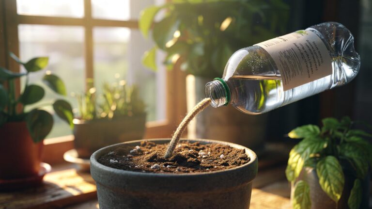 Illustration of a self-watering plant system using old bottles with a wick delivering water to a potted houseplant