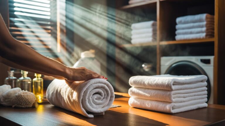 Illustration of hotel-style towel folding techniques to keep towels fluffy for longer
