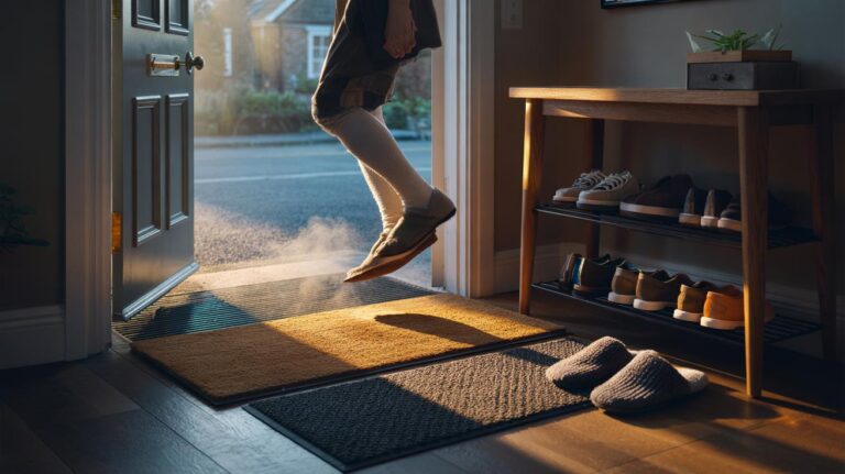 Illustration of a shoes-off doorway with outdoor and indoor mats, a shoe rack, and guest slippers to stop dust entering the home