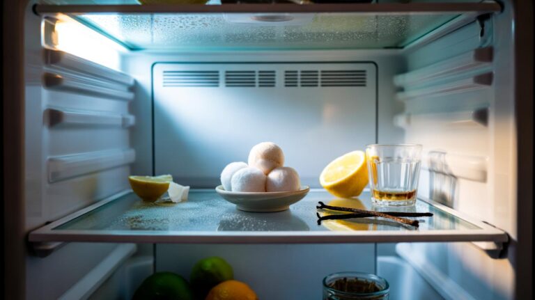 Illustration of cotton balls in a small dish on a refrigerator shelf used to freshen and deodorize the fridge