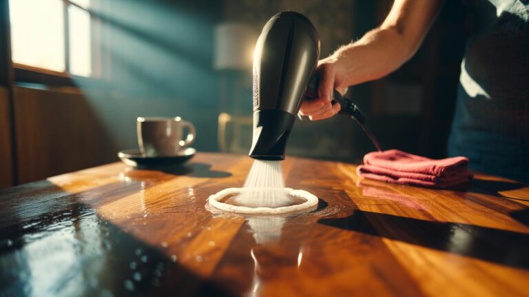 Illustration of using a hairdryer to remove water stains from a wooden table