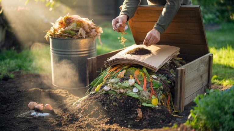 Illustration of kitchen scraps, shredded cardboard, and coffee grounds layered in a garden compost bin