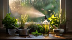 Illustration of kitchen herbs beside a glass spray bottle of natural insect repellent
