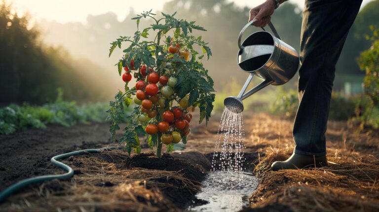 Illustration of watering tomato plants at the root to produce sweeter fruit