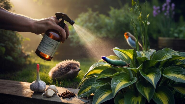 Illustration of a garlic-based spray being applied to garden plants to deter slugs without harming wildlife
