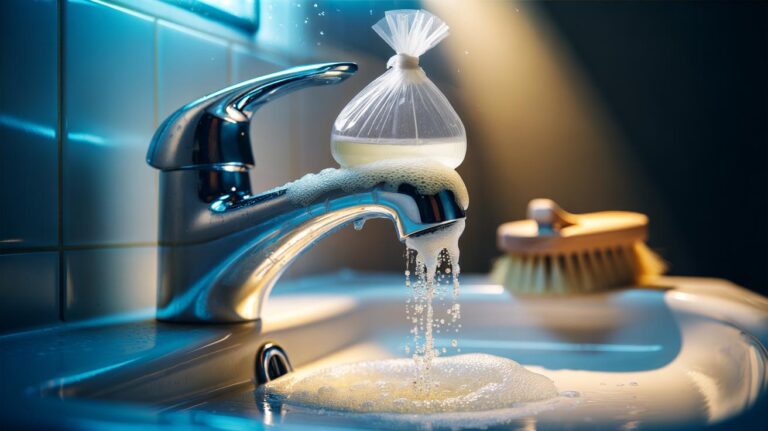 Illustration of white vinegar dissolving limescale on a bathroom tap without scrubbing