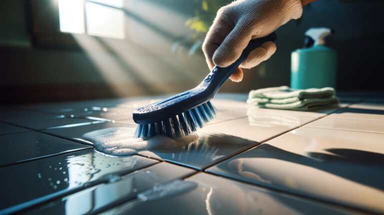 Illustration of a £2 toothbrush-style grout brush scrubbing tile grout lines