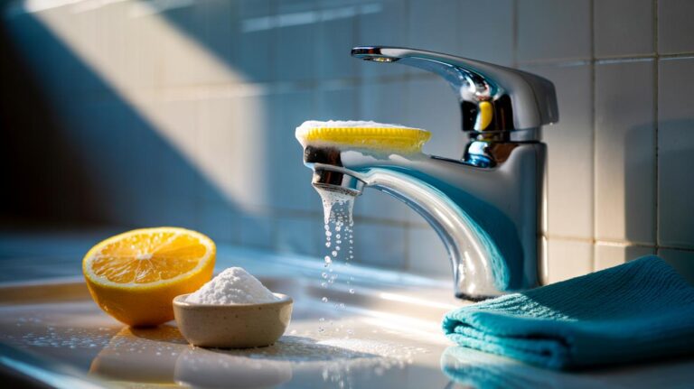 Illustration of a chrome tap being cleaned with a fizzing paste of baking powder and lemon juice, buffed to a shine with a microfibre cloth