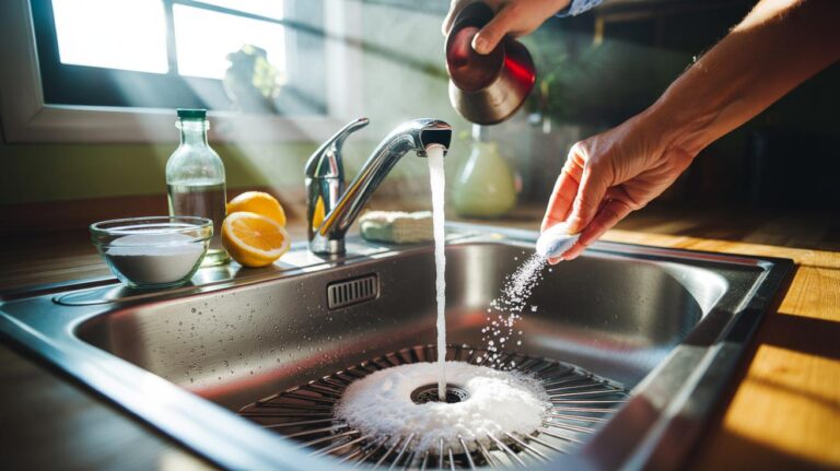 Illustration of pouring baking soda and hot vinegar into a kitchen sink drain to keep it smelling fresh all week