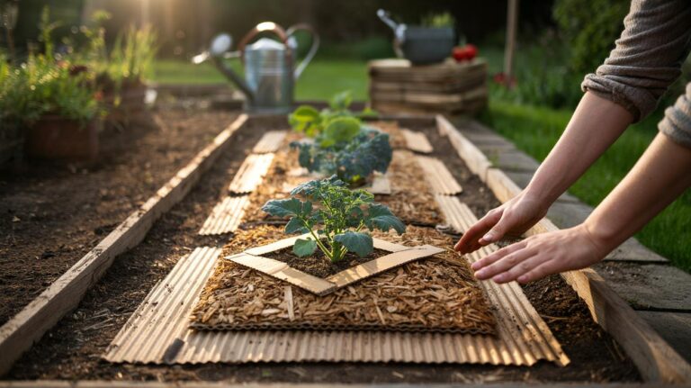 Illustration of cardboard mulch in a garden bed, with overlapped sheets topped with organic wood chips to suppress weeds