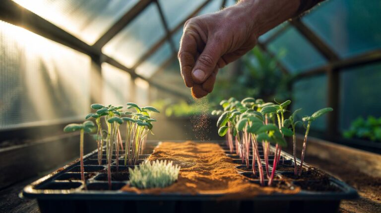 Illustration of cinnamon powder lightly dusted on seedling trays to prevent mould