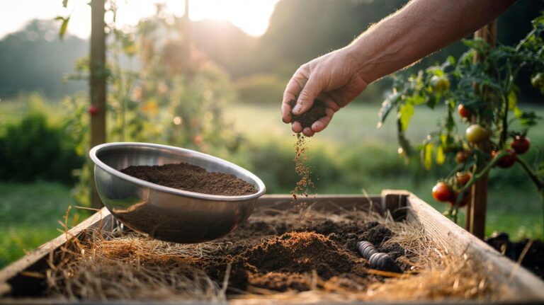 Illustration of a gardener sprinkling spent coffee grounds onto soil and mixing them with compost to improve bed fertility