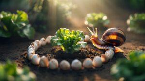 Illustration of crushed eggshells forming a protective ring around young garden plants to deter snails