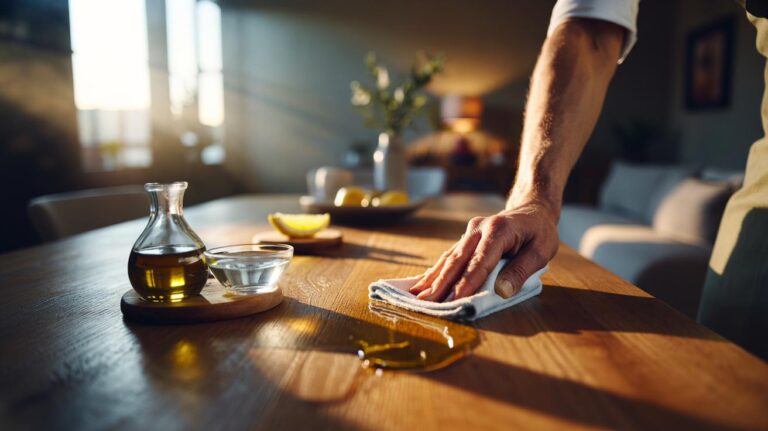 Illustration of applying an olive oil and vinegar polish with a cloth to wooden furniture for a natural, lasting shine.