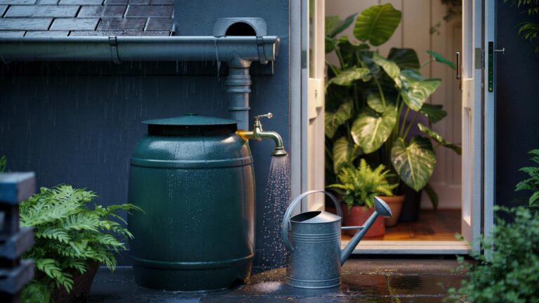 Illustration of a roof downpipe diverter feeding an opaque rain barrel with a mesh screen and spigot, used to collect rainwater for watering houseplants