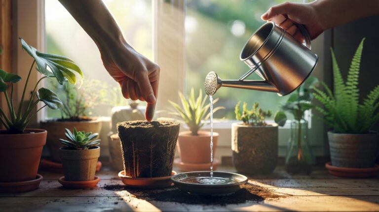 Illustration of the 3-2-1 watering rhythm preventing root rot in houseplants