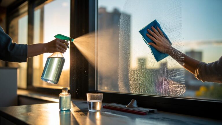 Illustration of a professional cleaner spraying diluted white vinegar onto a window and buffing with a microfiber cloth for a streak-free finish