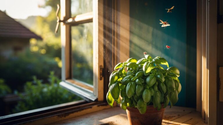 Illustration of a basil plant on a sunlit windowsill near an open window, naturally repelling houseflies