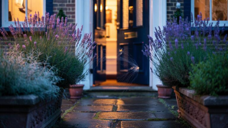 Illustration of lavender planted near a front door to naturally repel insects