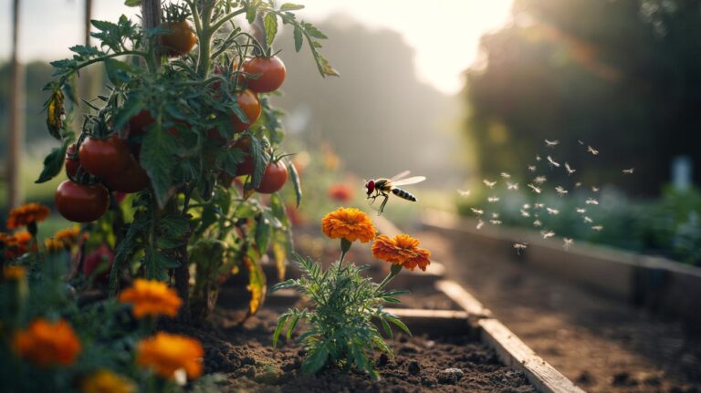 Illustration of marigolds planted beside tomato plants to keep pests away naturally
