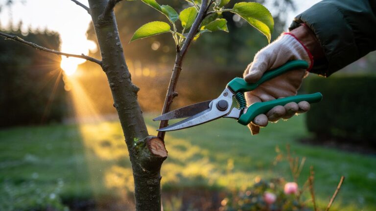 Illustration of a gardener pruning shrubs at dawn to promote faster plant recovery