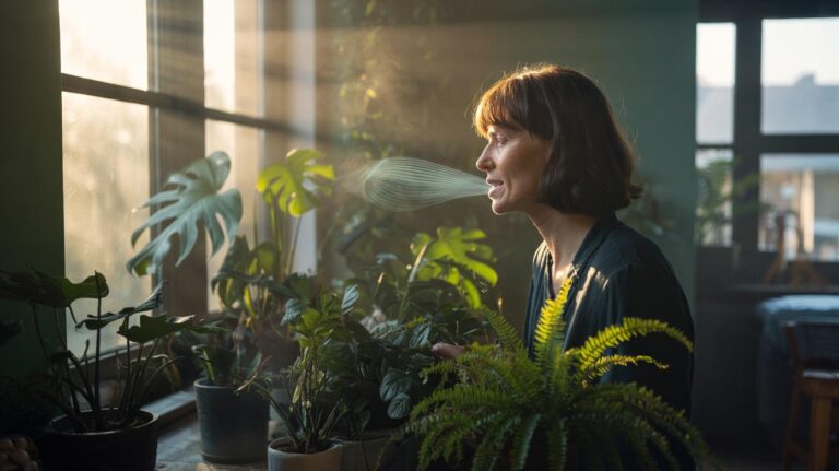 Illustration of a person gently speaking near houseplants, with subtle sound waves and breath indicating vibrations and CO2 that may enhance growth