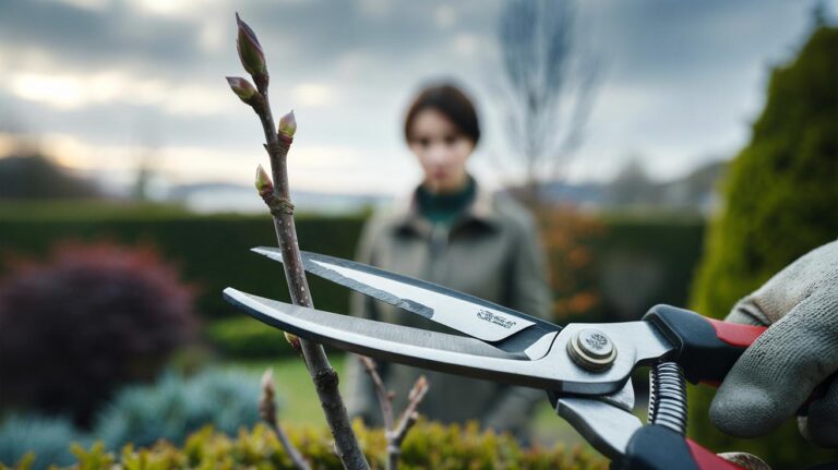 Illustration of a gardener pruning shrubs on a cloudy day to promote faster healing