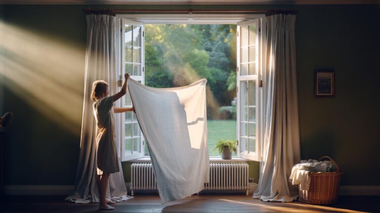 Illustration of washing curtains twice a year to reduce dust, pollen, and mould and improve indoor air quality