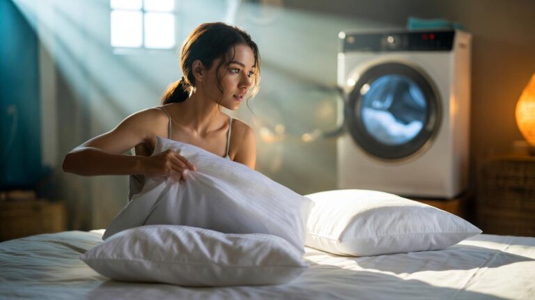 Illustration of washing pillowcases twice a week to improve skin health, as explained by dermatologists